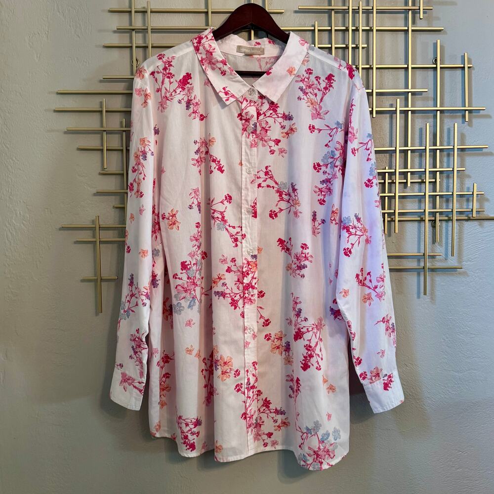 Woman Within 2X 26/28 Pink Floral Button Down Shirt Plus Size